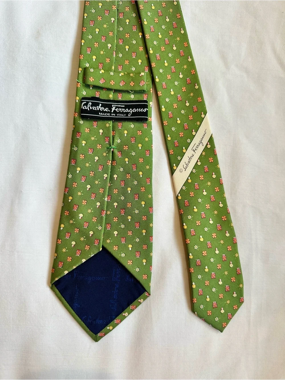 Salvatore Ferragamo Green Tie with Pink and Yellow Owl & Mushroom Micro Motif